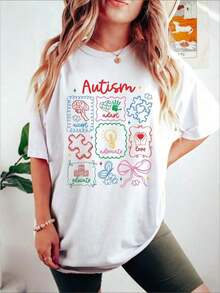 Cute Autism Awareness T-Shirt, Autism Acceptance T-Shirt, Ribbon T-Shirt For Autism Teachers, Special Education, Neurodiversity T-Shirt, Women's Graphic Tees 100% Cotton - 白色 - 查看 2
