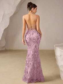 Vestido de noche con abertura alta en el muslo, con lentejuelas y diseño de patchwork, con espalda descubierta y silueta de sirena para mujer - Rosa - Ver 2