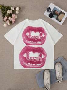 Dam Casual Punk Läppmönster Rund Hals Kortärmad Gotisk Streetwear T-shirt Sommar - Vitt - Visa 3