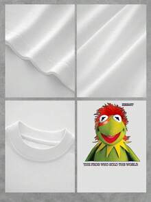 Rana verde con cabello rojo y mirada alegre simboliza humor y nostalgia recordando la unión entre música y personajes clásicos que inspiran optimismo camiseta de mujer  cómoda y casual para uso diario - Blanco - Ver 4