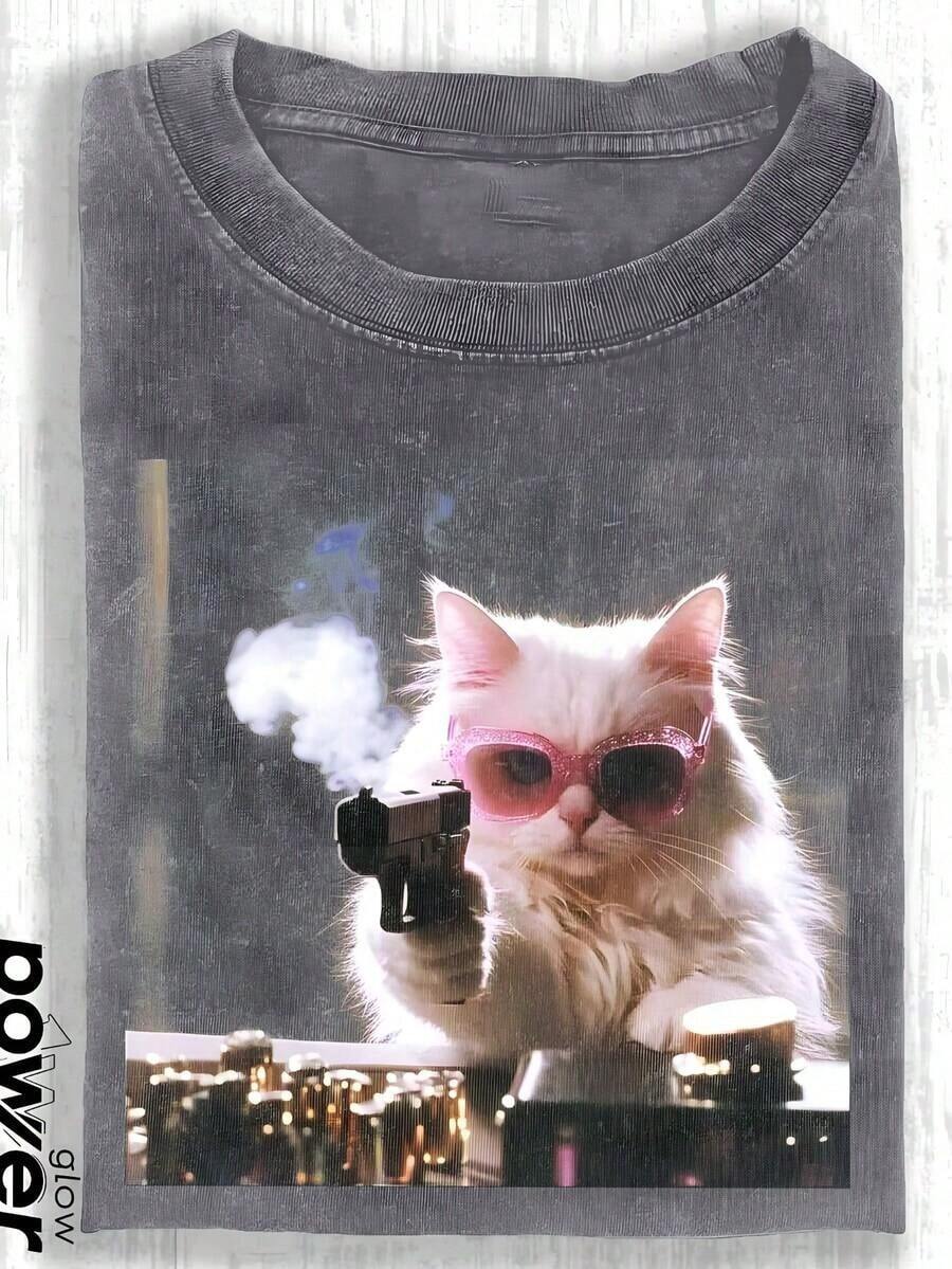 1 pieza de camiseta gráfica divertida con diseño de gato, camiseta de algodón para hombre, 230 g, camiseta de manga corta lavada, adecuada para regalos de Halloween, Navidad y el Festival de Primavera, 180 g. - Gris - Ver 1