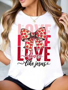 Camiseta Moderna Minimalista para Mujer con Cuello Redondo, Estampado de Corazón con Lazo, Manga Corta, Estilo Casual de Verano para Uso Diario - Blanco - Ver 1