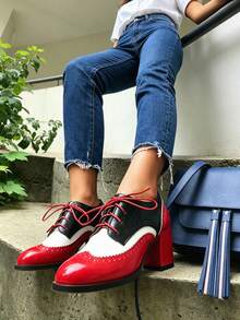 Women Oxfords Pumps Chunky Block Heels Mixed Color Lace Up Ladies' Business Loafers Fashion Comfy Casual Luxury Dress Shoes - Đỏ - Xem 4