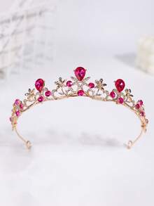 1pc European And American Style Gold Crystal Bridal Crown, Wedding Dress Headpiece - Hot Pink - View 2