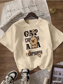 Camiseta con Capybaras Lindas y Texto "Capybara",Camiseta de manga corta de moda para primavera y verano de 2026, hecha en México, 180 gramos. Estampado de dibujos animados, modelo de pareja, apta para uso interior o exterior. Cuello redondo, unisex, ideal para oficina y ocio. Paquete de una pieza. - APR-P631577SLNDXZGY355 - Ver 3