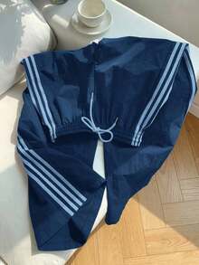 Pantalones de chándal casuales y holgados con cintura elástica y rayas laterales marrones para mujer - Niebla azul - Ver 9