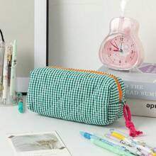 Large Capacity Plaid Pencil Case Suitable For Office And School, Color Block Student Stationery Storage Bag With Portable Desktop Storage Pouch, Compact Stationery Organizer Box Suitable For Classroom Supplies - Style 1 - View 12