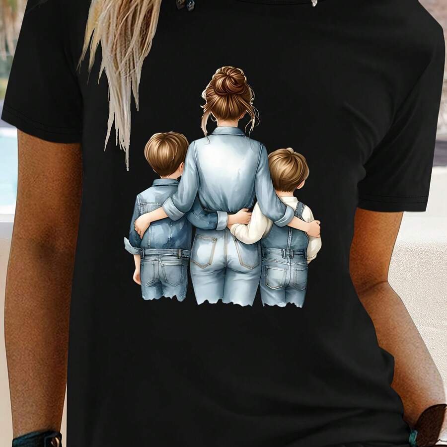 Women's Casual Short Sleeve T-Shirt - "Mother And Two Children" Print, Soft And Breathable Fabric, Machine Washable Crew Neck, Relaxed Fit, Family Design, Comfortable Material, Family Themed Clothing For Summer And Spring - 黑色 - 查看 1