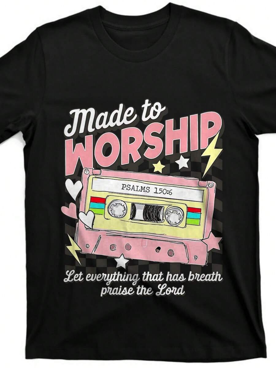 Made To Worship Scripture Bible Verse Christian Jesus Faith_upscayl_4x_realesrganx4fast [Back Printing] Street Trending Style Women's Comfortable Round Neck All-Season Casual Wear For Sport Fans|Playful Design | Ideal For Gym & Outdoor Activities - 黑色 - 查看 1