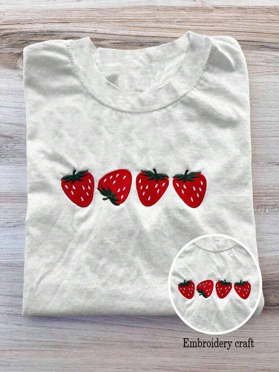 Casual T-Shirt, Colorful And Comfortable T-Shirts With Strawberry Embroidery, Fruit T-Shirts, Summer T-Shirts, Embroidered T-Shirts, Personalized T-Shirts, Cute Strawberry T-Shirts For Women, 100% Cotton, Durable - 白色 - 查看 1