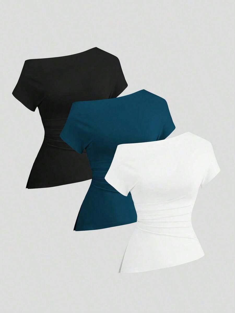 Camiseta Casual de Hombro Asimétrico para Mujer JJSab - Multicolor 3 - Ver 1