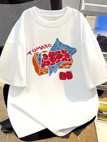 Short Sleeve T-Shirt With Tomato Print 2026 - Casual Summer T-Shirt In Black, With A Vibrant Design Of Tomatoes And Chili Peppers, Regular Fit With Round Neck, Machine Washable, Comfortable And Soft Premium Fabric, Suitable For Casual Wear, Plus Size T-Shirt. - 白色 - 查看 2
