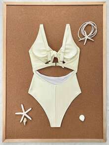 Swim Vcay Traje de baño de una pieza de unicolor negro elegante sin mangas, de cintura alta y con tirantes ajustables, para primavera/verano 2026 - Amarillo claro - Ver 2