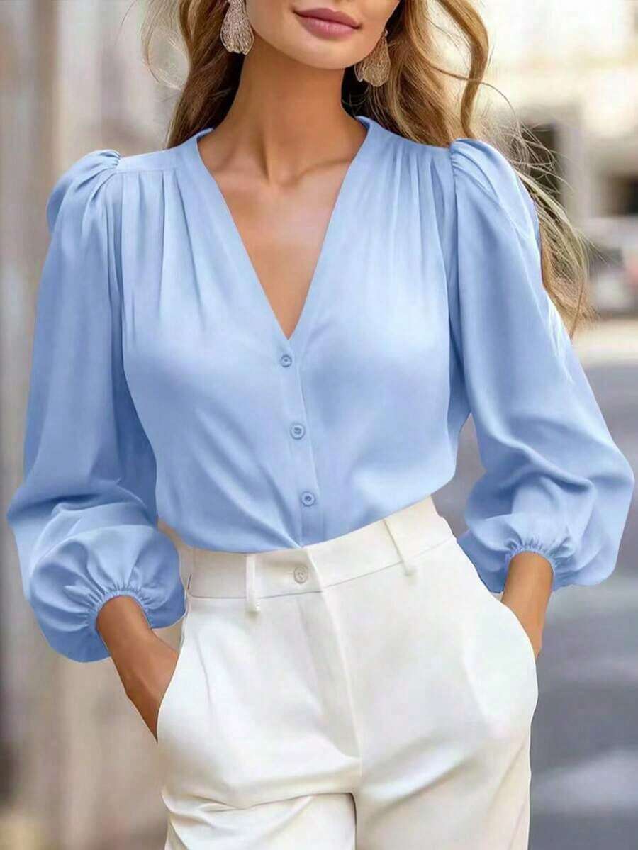 Blusa de manga larga de moda para mujer, diseño de cuello en V de unicolor, esencial para el trayecto en primavera, color negro - Azul - Ver 1