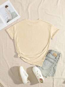 Limited Time Offer, Limited Quantity Available, Lightning, Women's Shirts, Women's T-Shirts. Pink Short-Sleeved T-Shirt With A Casual Summer Letter Print. - 卡其色 - 查看 2