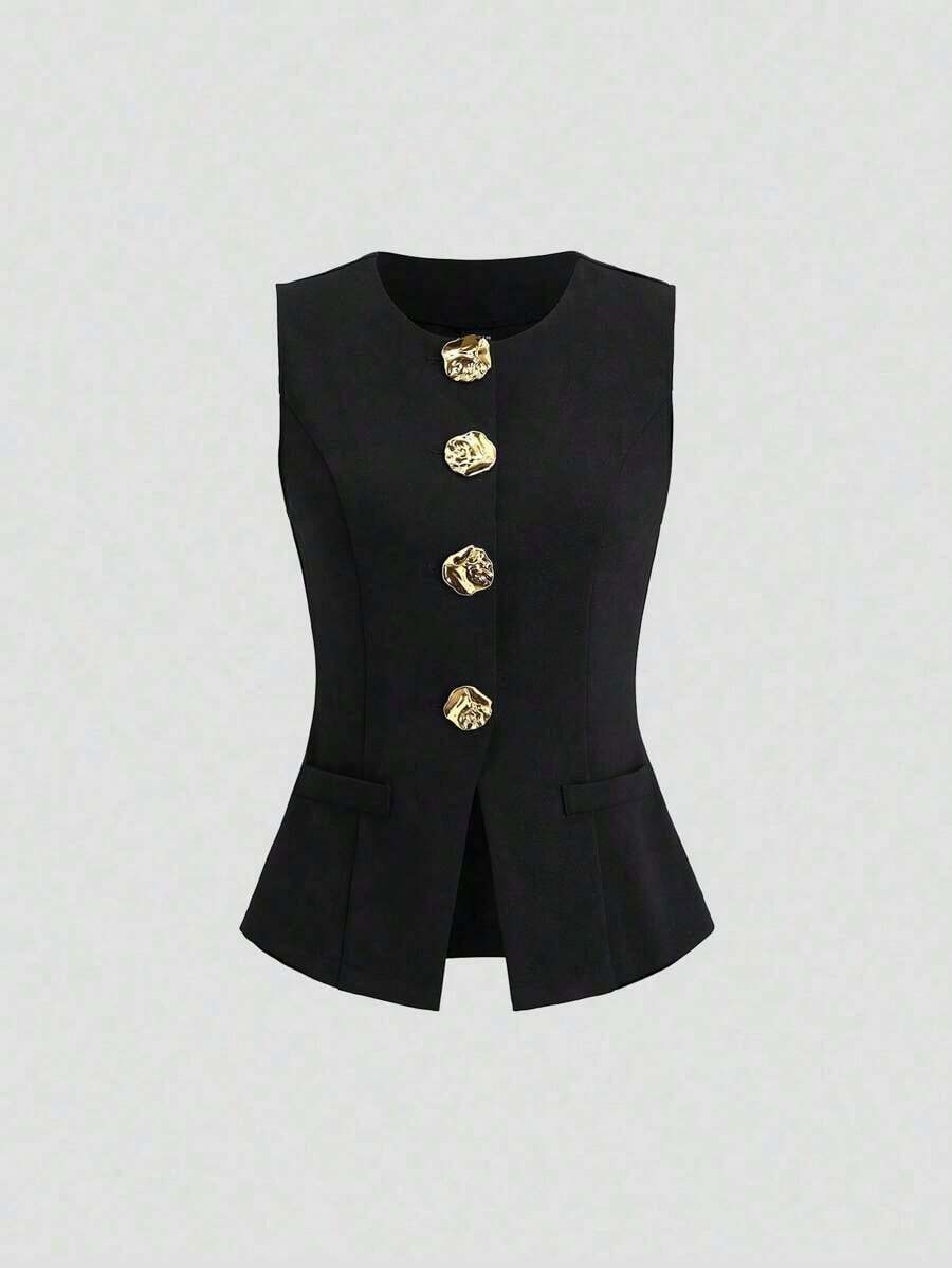2026 Tall Women's Minimalist Basic Sleeveless Top With Large French Style Metal Buttons - 黑色 - 查看 1