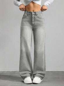 Jeans de mezclilla de pierna ancha recta de diseño simple con cintura alta para mujeres a la moda - verde militar 2 - Ver 1