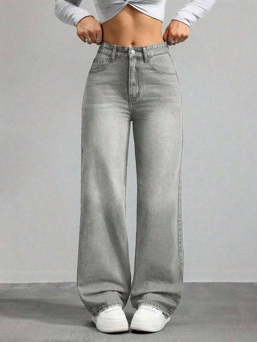 Jeans de mezclilla de pierna ancha recta de diseño simple con cintura alta para mujeres a la moda - verde militar 2 - Ver 1