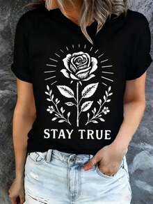 Women's 100% Cotton T-Shirt, Black, Round Neck, With The "Stay True Rose" Design, Suitable For All Seasons, Stylish Design, Durable, Modern Print, Machine Washable, Comfortable, Ideal For Everyday Use - Everyday T-Shirts. - 黑色 - 查看 7