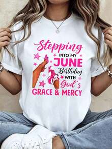 Entering My June Birthday With God's Grace And Mercy. Women's T-Shirt. Entering June. Short Sleeve. Crew Neck. Casual. - 白色的 - 查看 6