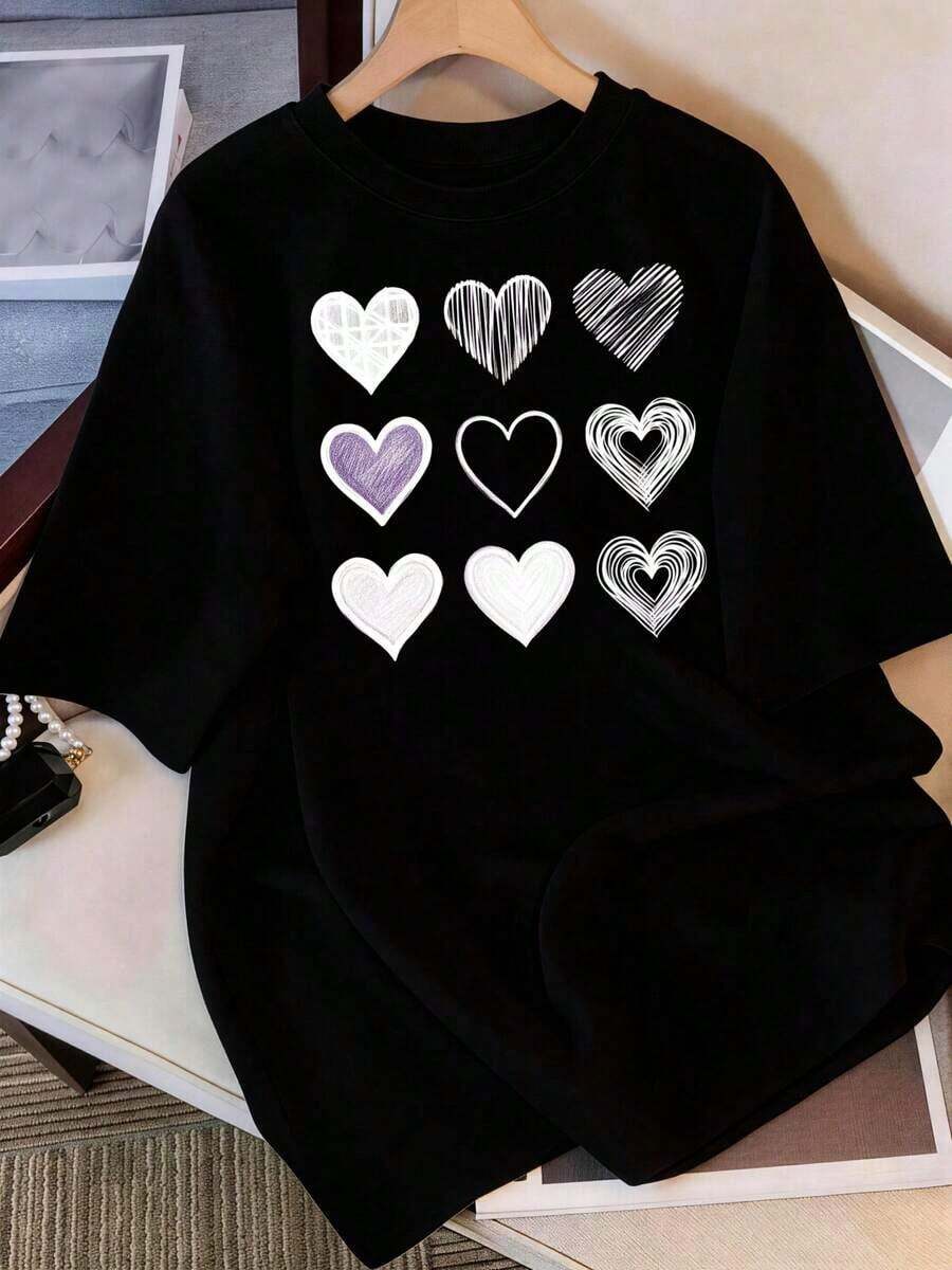 Women's Round Neck T-Shirts With Heart Design, Casual Style For Everyday Wear, Lightweight And Breathable, Casual Top For Women | Basic Top For Women - 黑色 - 查看 1