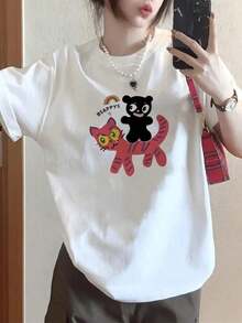 1 Piece Of Women's T-Shirt With Fu Character Print And Cute Numbers, Korean-Chinese Style, Casual Summer Party T-Shirt, Casual Outfit, Short Sleeve, Round Neck, White Top, 180g, 100% Cotton. - 白色 - 查看 8