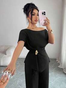 Elegante conjunto de dos piezas de moda urbana para mujer, adecuado para uso diario, bodas, galas, ir al trabajo, fiestas de graduación, vacaciones, citas, fiestas, Halloween, Navidad, Año Nuevo, Acción de Gracias.Pantalones anchos de cintura con hebilla metálica asimétrica de un hombro en color azul marino. - Negro - Ver 7