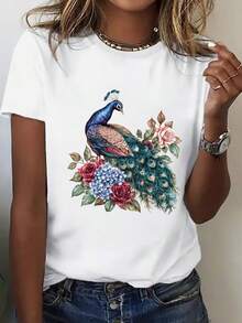 Women's Black Casual 100% Cotton T-Shirt, Printed With Vibrant Peacock And Floral Motifs - Loose Fit, Short Sleeves, Round Neck, Lightweight, Ideal For Summer, Available In Blue, Green, Pink, White, Orange And Yellow, Breathable And Comfortable, Suitable For Everyday Wear And Semi-Formal Occasions, Machine Washable. BXH8 - 黑色 - 查看 5