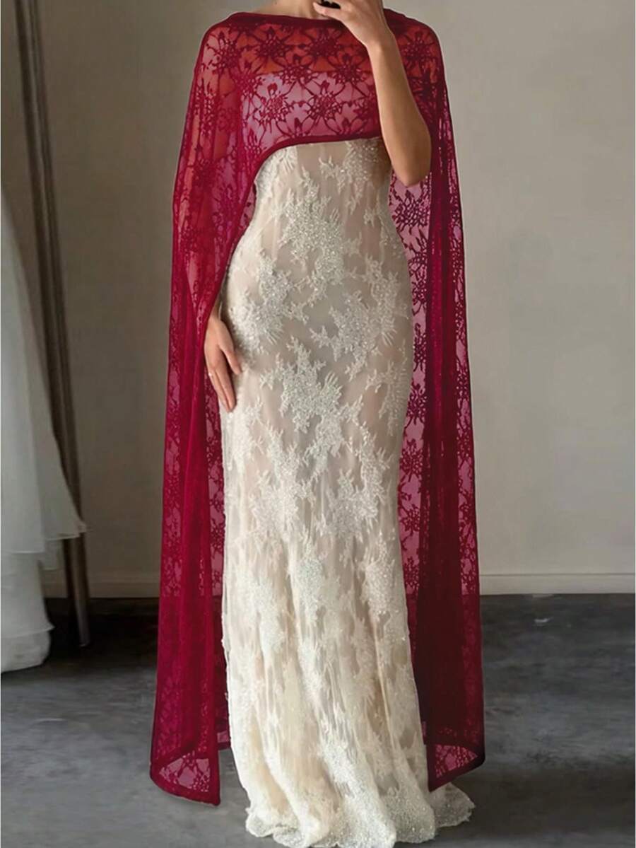 Women's Lace Long Poncho Fashionable Elegant Lightweight Solid Color Shawl Wrap for Evening Party - Burdeos - Ver 1