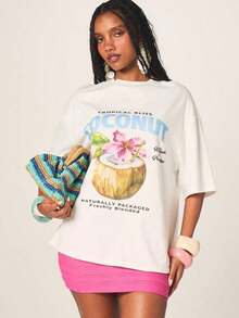 Women's Casual Short Sleeve T-Shirt For Beach Vacation, With Tropical Coconut And Paradise Print - Vintage Street Style Unisex Cotton Short Sleeve Crew Neck T-Shirt - 白色的 - 查看 6