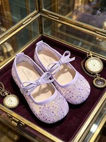 1 Pair Children Girls' Dreamy Purple Princess Flat Shoes, Suitable For Ballet Dancing, Can Be Worn In Spring, Summer And Autumn, With Mesh, Lace Pattern, Bow Design, Breathable And Comfortable, Slip-On Girls' Mary Jane Shoes, Suitable For Parties And Gifts - Purple - View 5