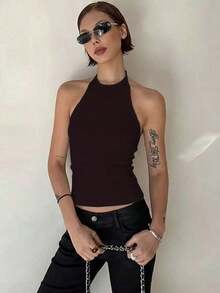 Top de tirantes finos ajustado y sin espalda, top de ajuste ceñido para capas, casual negro para otoño/invierno y verano - Marrón - Ver 4
