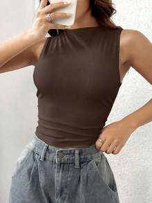 Body sin mangas de unicolor minimalista y de moda para mujer, de verano - Café integral - Ver 3