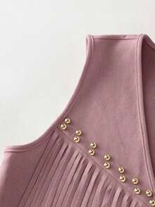 Chaqueta casual de mujer con flecos de gamuza, decoración de remaches, estilo bohemio, versátil para uso diario, vacaciones, trabajo, estilo francés elegante, sin mangas, beige, para principios de primavera/primavera y verano - Rosa vieja - Ver 3