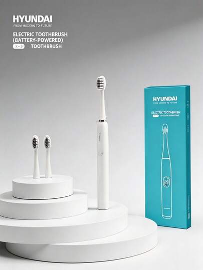 HYUNDAI Electric Toothbrush | IPX6 Waterproof, Two-Level Cleaning, Battery-Powered, Long-Lasting Soft Brush Head, Portable For Home And Travel, Comes With Replacement Brush Heads