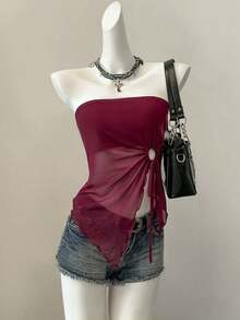 2 piezas Top de mujer con bajo asimétrico y borde de lechuga con cordón lateral, nueva llegada - Multicolor - Ver 6