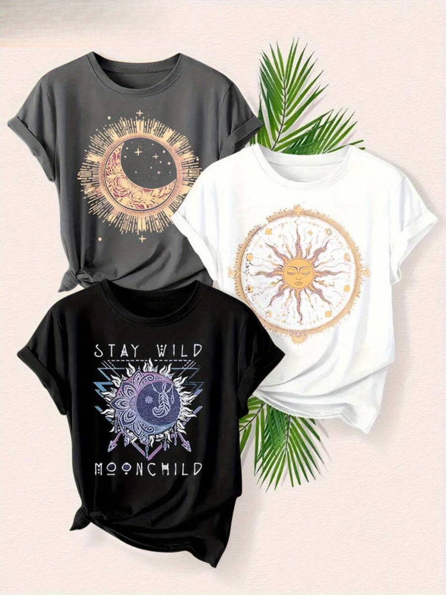 Women's T-Shirts, Women's T-Shirts, Women's Casual One-Piece T-Shirt, Round Neck, Medium Elasticity Fabric, Star Print, Suitable For All Seasons, Sizes S-XXXL. - 1件白色隨機圖案 - 查看 1