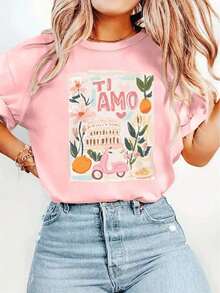 1 Pieza de Camiseta Casual de Manga Corta para Mujer - Estilo Italiano con Estampado 'TI AMO', Scooter Rosa, Estampado Floral y de Frutas, Cuello Redondo Blanco, Adecuada para Cumpleaños y Días Festivos, Esencial para el Verano, Lavable a Máquina, Tela Cómoda. - Blanco 2 - Ver 7