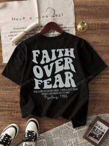 "Faith Over Fear" Double Print T-Shirt - Short-Sleeve Crew Neck Pure Cotton T-Shirt,  Holiday Style, A Daily Essential. Holiday Outfits, Simple Retro Street Style Top. Everyday Campus Wear For Men And Women - Comfortable Loose Fit Cotton Vintage Street Style T-Shirt - 黑色 - 查看 10