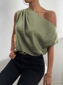 Blusa de satén con cuello asimétrico y hombro descubierto - Verde militar - Ver 6