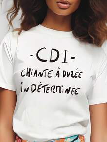 1 Women's T-Shirt With French Letter Print - French Series Top With French Phrases, Casual Round Neck Short Sleeve Blouse For Casual Outfits, Machine Washable - French Style Essential - 白色 - 查看 1