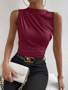 Blusa casual versátil con cuello alto y plisados para mujer - Burdeos - Ver 9