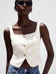 Camiseta sin mangas de cuello en U ajustada y elegante para mujeres, adecuada para ir al trabajo - Blanco 2 - Ver 1