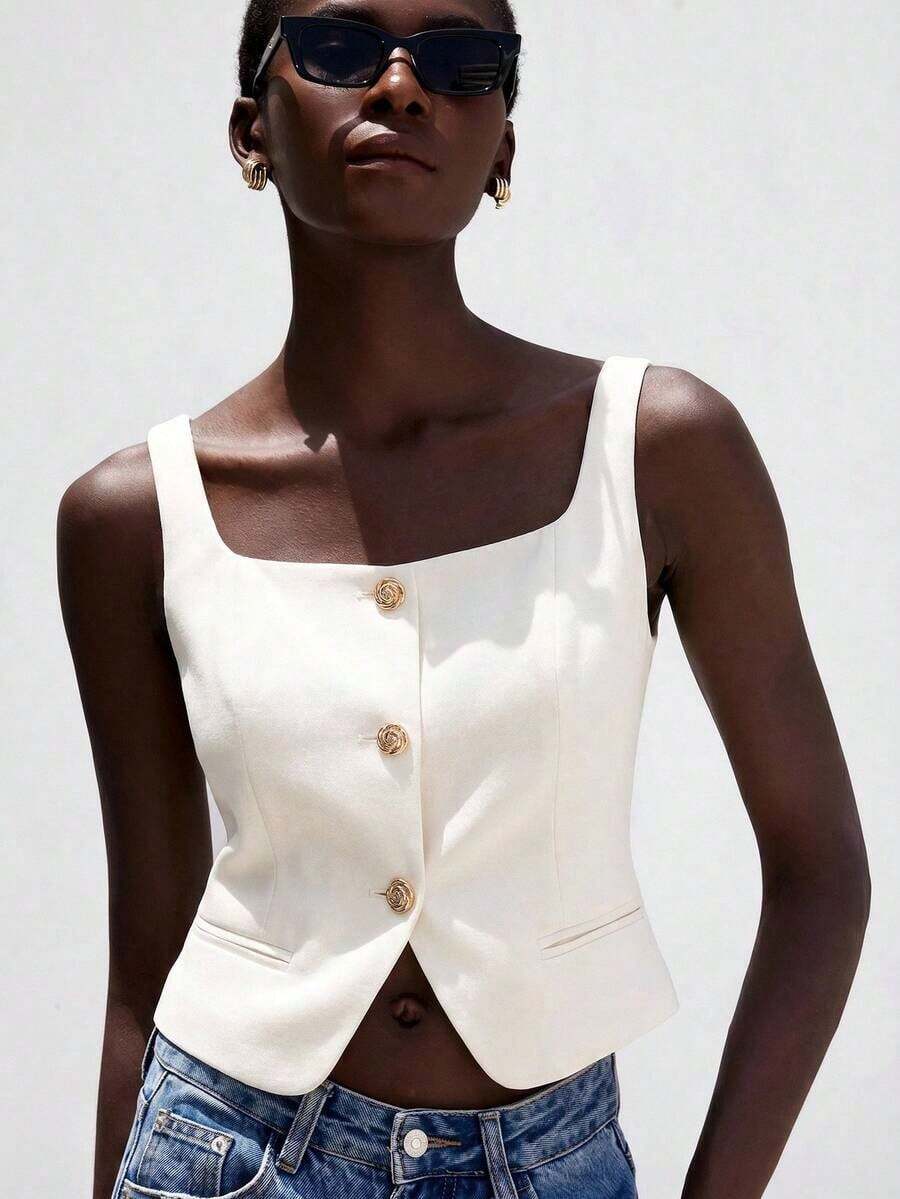 Camiseta sin mangas de cuello en U ajustada y elegante para mujeres, adecuada para ir al trabajo - Blanco 2 - Ver 1