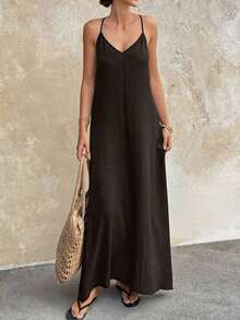 Vestido largo elegante de mujer con tirantes finos, espalda descubierta y lentejuelas, adecuado para fiestas, bodas, playa y vacaciones, color negro, para verano - Marrón - Ver 3