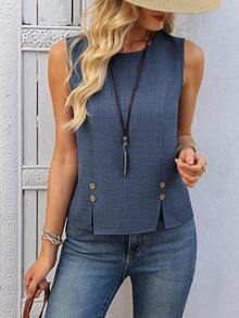 Blusa Casual de Mujer, Color Liso, con Botones Decorativos, Bajo Dividido, Holgada y sin Mangas, para Verano - Azul - Ver 5