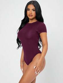 Body ajustado de mujer casual de corte slim en color liso - Morado - Ver 3