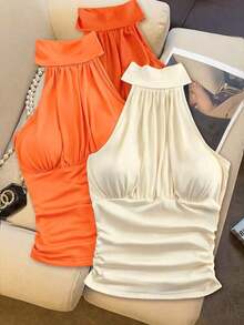 Camiseta sin mangas elegante y de moda con copas de sujetador incorporadas, versátil top de cuello halter, multipaquete para mujer - Multicolor 5 - Ver 4