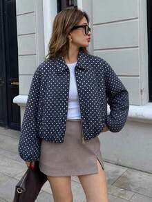 Chaqueta con bolsillo con cremallera de lunares rosas para mujer - Abrigo casual suelto con solapa para primavera/otoño - azul real - Ver 3