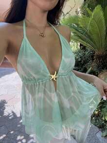 Camiseta de tirantes sexy con efecto cross y espalda descubierta, cuello Halter con teñido anudado para mujer - verde menta - Ver 1